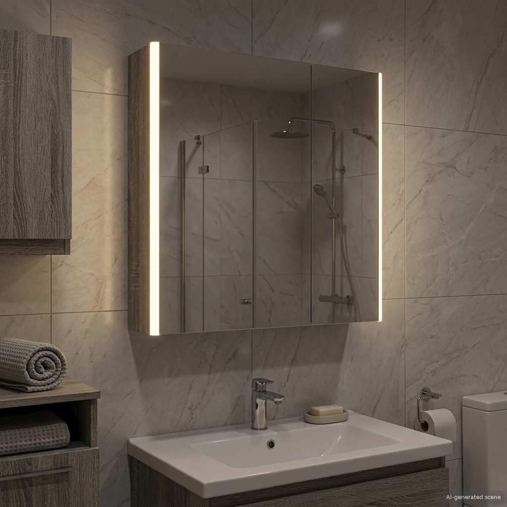 Sonoma szafka łazienkowa z lustrem szara, 63,5 x 15,5 x 70 cm, materiał drewnopochodny z oświetleniem LED, montaż na ścianie, regulowane półki i miejsce do przechowywania mebli łazienkowych