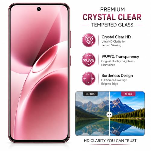 Image of ArmourPro 3D Borderless Tempered Glass for Vivo V70 and Vivo V70 Elite, HD Clear Curved Edge to Edge Screen Protector, 9H Hardness, Oleophobic Coating, Case Friendly | Pack of 1