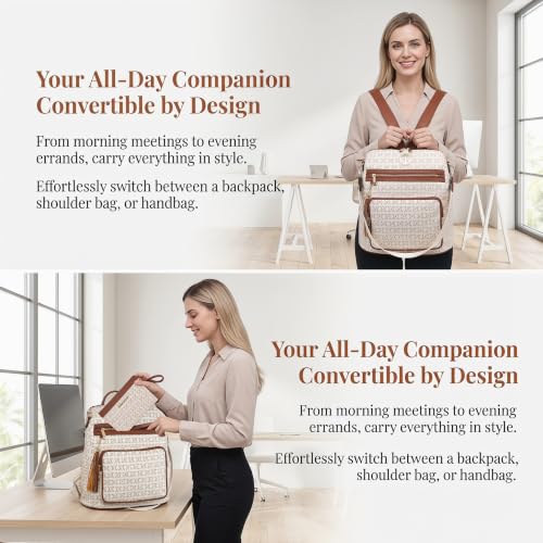 Image of JULIE FERRARO Women Convertible Backpack Purse, Large PU Leather Travel Backpack with Multi Pockets, Shoulder Handbag Set with Wristlet for Work, Travel & Daily Use