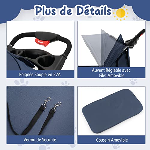 Poussette pour chat et chien avec auvent rétractable et roues à rotation 360°