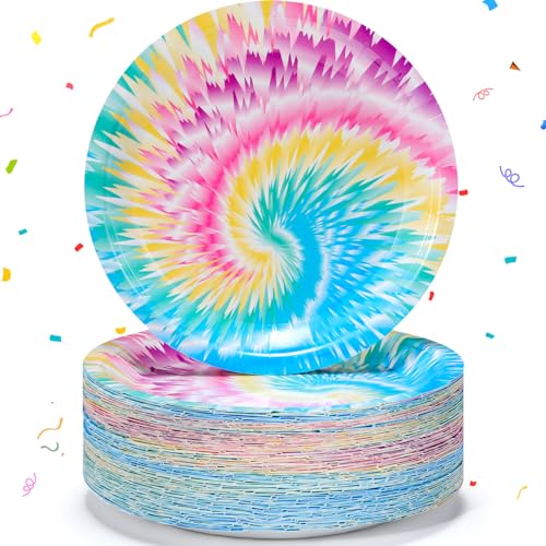 Domensi 100 Pack Tie Dye Paper Plates 7 Inch Rainbow Disposable Dessert Plates Tie Dye Party Decoration for Graduation Hippie Summer Pool Birthday Party Supplies Tableware (Light Color)