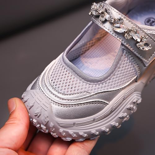 Girls Closed-Toe Summer Sandals withSparkle Strap, Breathable Mesh SportsSole, Adjustable Hook-and-Loop, Size28-364