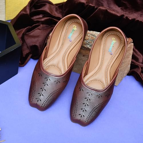 Image of Duosoft Women's Leather Ballet Flats, Black Perforated Design, Comfort Cushioned Insole, Slip-On Style Bellies Dw-201-Tan