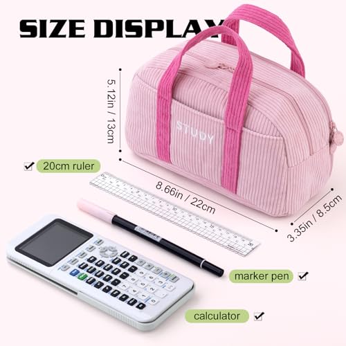 Image of EASTHILL Corduroy Hand-held Pencil Case Large Cute Pencil Pouch Stationery Pen Bag for Teen Girls-Pink