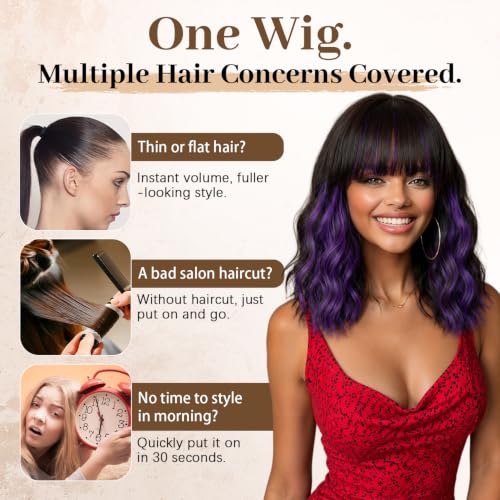 Image of Nnzes Short Wavy Bob Wig with Bangs for Women Shoulder Length Curly Dark Brown with Purple Synthetic Heat-Resistant Fiber Hair for Daily & Party Use