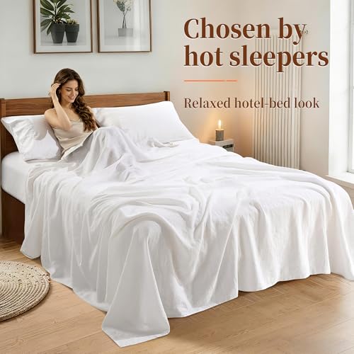 Image of 100% Pure Linen Sheet Set for Hot Sleepers, Breathable Natural Linen Sheets 4pcs, Bedding Set Deep Pocket Up to 16 inch Moisture-Wicking, Softens with Every Wash (White Queen)
