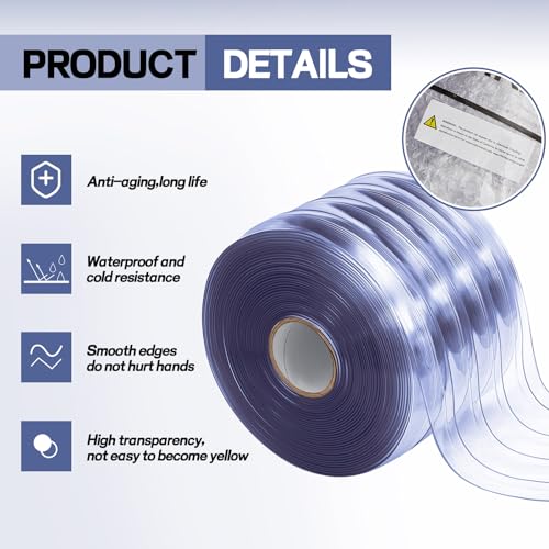 Image of Moukeren Plastic Curtain Strips, 82 ft x 8 in Clear PVC Strip Curtain Roll, Heavy Duty Plastic Insulated Freezer Door Strips for Commercial, Walk-in Cooler, Garage, Warehouse, 0.08 inch Thickness