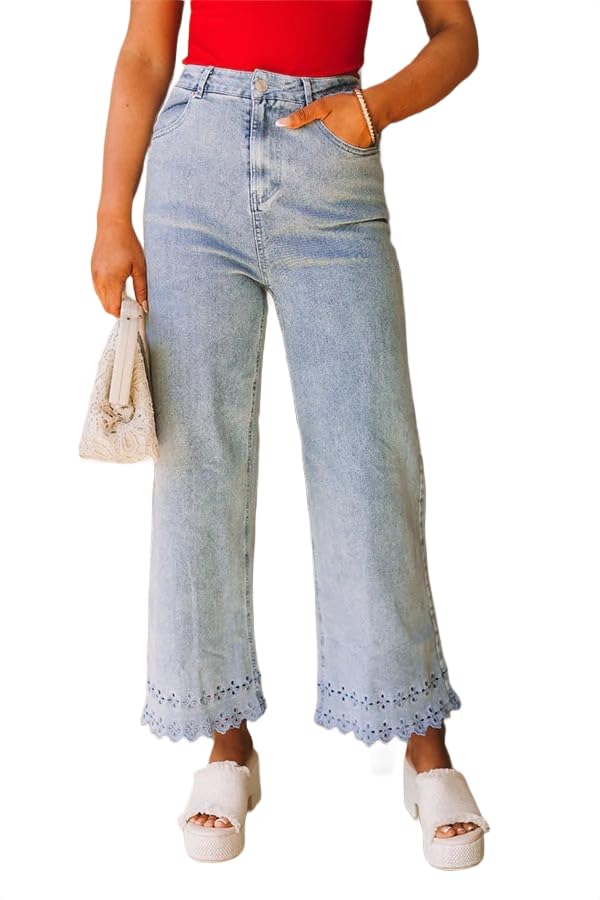 SCOFEEL Women's High Waist Jeans Straight Wide Leg Denim Pants Boho Eyelet Hem Distressed Washed Jeans with Pockets