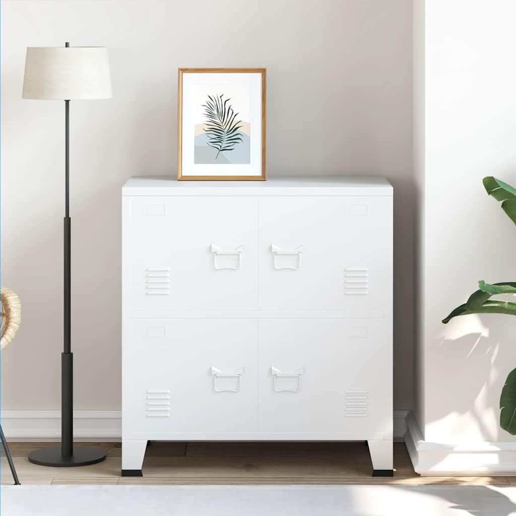 Industrielle Aufbewahrungstruhe aus Stahl Weiß 75x40x80 cm mit 1 Einlegeboden und Namensschildern, Stahlfüße mit Kunststoffkappen, Lüftungsschlitze, für Büroorganisation