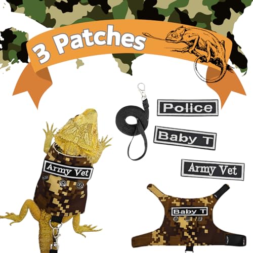 Image of Bearded Dragon Harness and Leash Set Lizard Reptile Small Animal Adjustable Harness Clothes with Short Leash and 3 Patches Decor for Walking Outdoor (Brown)