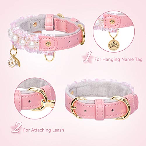 Image of Premium PU Leather Cat and Dog Collar with Shell Pendant - Adjustable, Cute Pearl, Beautiful Lace, Small Pink