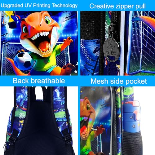 Image of 16 inch Dinosaur Soccer Backpack Set for Boys 4-8, 3Pcs Preschool Bookbag with Football Lunch Box & Pencil Case, Lightweight School Bag (Blue)