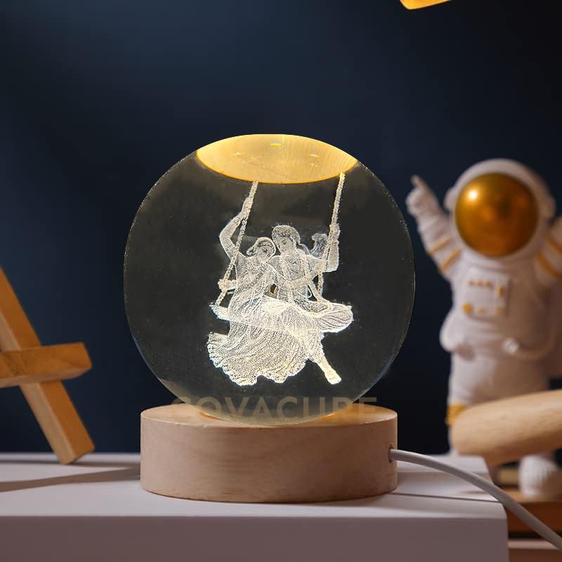 Image of COVACURE 3D Radha Krishna Swing Crystal Ball Night Lamp, Solar System Radha Krishna Swing Idol Crystal Ball Night Light, USB Table Colorful LED Wooden Base Lamp for Home, Office, Birthday Gift