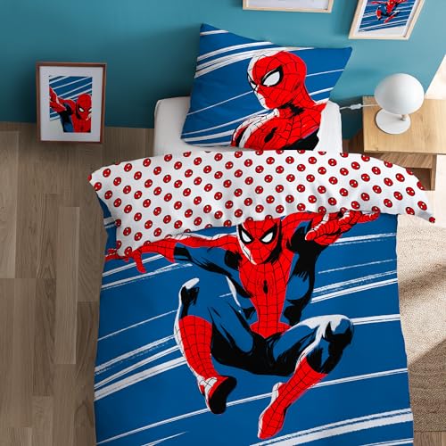 Spiderman Home Parure de lit imprimée Anniversary | 100% Coton | Oeko-TEX | Housse de Couette 1 Personne garçon 140x200 cm + Taie d'oreiller 63x63 cm | Bleu