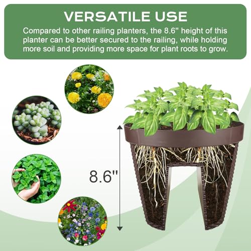 BPS 20'' Outdoor Balcony Railing PP Plastic Flower Pots - 4-Piece Set with Two Drainage Holes and Adjustable Brackets for Railings, Patios, Fences, Decks-Brown