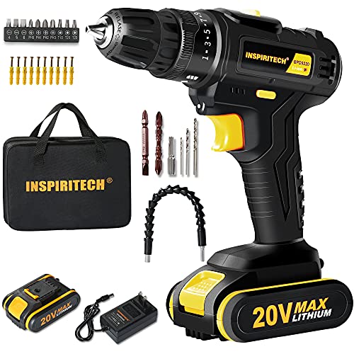 Inspiritech 20V Max Cordless Drill/Driver with Lithium Ion Batteries and Charger,Variable Speed 3/8Inch Keyless Chuck 26 Position Clutch, Front LED Light Inspiritech 20V Max Cordless Drill/Driver with Lithium Ion Batteries and Charger,Variable Speed 3/8Inch Keyless Chuck 26 Position Clutch, Front LED Light