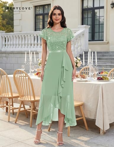 Image of BeryLove Formal Long Dresses for Women Wedding Guest Cocktail Bridesmaid | Airy Lace & Chiffon Evening Gown, Flutter Sleeve, Ideal for Mother of the Bride, Prom, Homecoming Party & Semi-Foraml Events