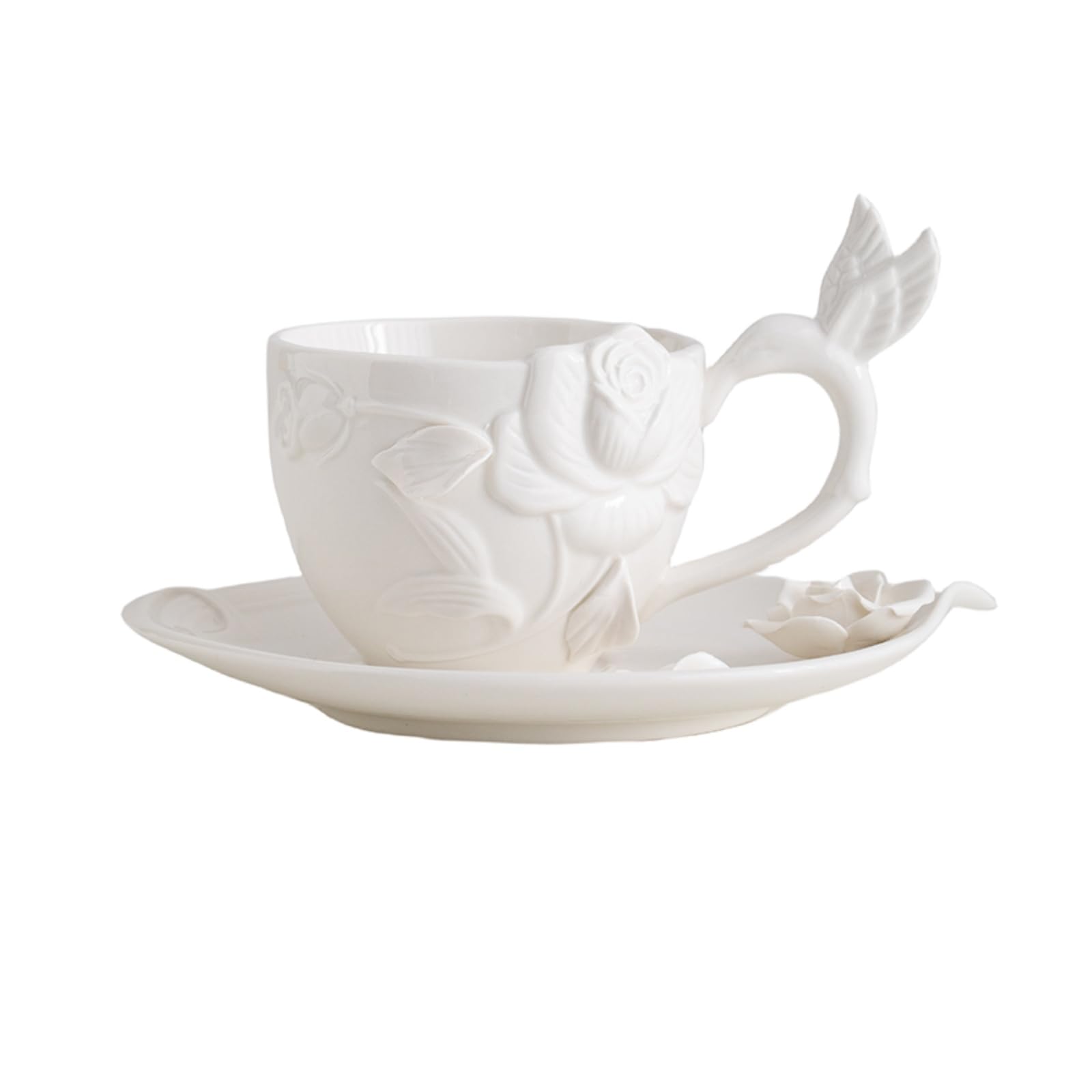 VISIBLEEuropean retro style 3D flower Ceramic Coffee Mug Teacup with Saucer set, nice gift for Her (7.77oz 230ml, White)