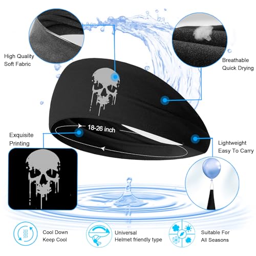Image of 3pcs Sports Sweat Bands Headbands for Men Sweatbands Skull Workout Cooling Headbands for Men Women Running Headband Hairband Elastic Men's Head Sweat Band for Football