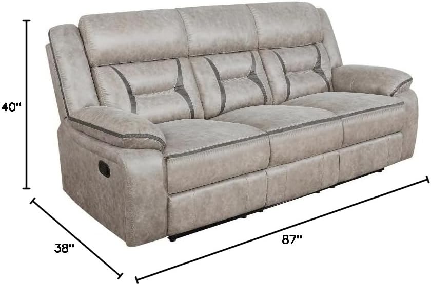 Pemberly Row Taupe Faux Leather Motion Sofa, 87" W x 40" H x 38" D, Tufted Back Recliner with Drop Down Table, USB Charger, Cupholders, Pocket Coil Cushions, Manual Glider, Entertainment Seating