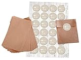  Geschenktüten-Set: 24 braune kleine Papier-Flachbeutel Papiertüten 10,5 x 15 + 2 cm Lasche und 24 Stück Aufkleber Sticker 4 cm 1819 beige weiß SCHÖN DASS DU DA BIST für Geschenktüten