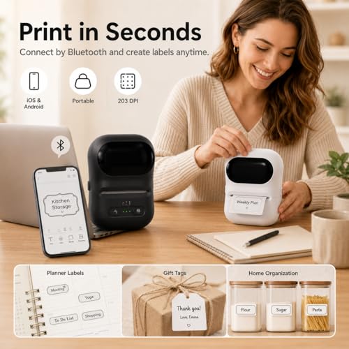 Image of Compact Thermal Printer, mini Wireless Printer, can Print barcodes and Stickers, Suitable for Office, Retail, and Jewelry Label Production, Supports Mobile Phone Connection and USB Charging (White)