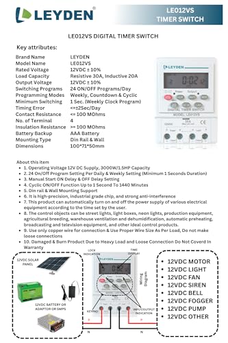 Image of LEYDEN LE012VS, 12VDC, Digital Timer Switch 24 on Off Programs & Cyclic Timer for DC Light, Motor, Bell, Siren, Fan, Fogger, Hydroponic, Drip Irrigation & Other Application