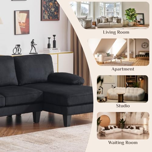 Image of Karl home Compact U-Shape Sectional Sofa Couch 111 inch 4-Seat Black | Modern, Corduroy Fabric Upholstered, Double Chaise, Wood Grain Legs for Living Room, Home Office, Apartment, Studio