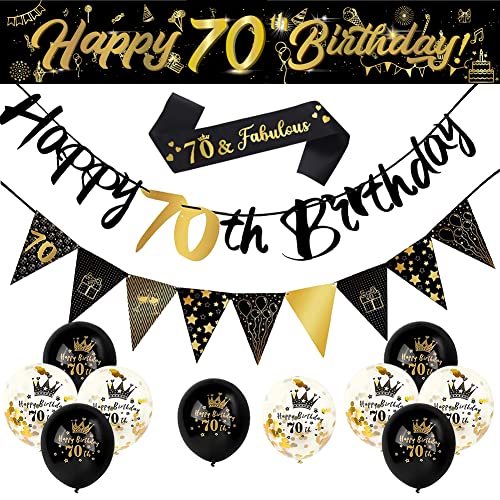 14 Pieces 70th Happy Birthday Decorations Kit Birthday Party Decoration Including Party Supplies Birthday Straps 9ft Banner Triangle Flags Confetti Latex Balloons