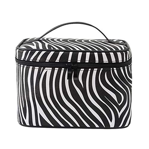 HOYOFO Large Makeup Bag Travel Cosmetic Bags With Makeup Brush Holder Waterproof Portable Toiletry Storage for Women, Zebra Pattern