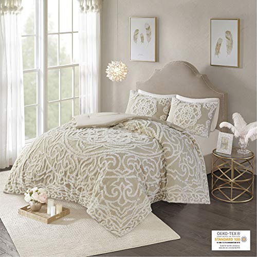 Image of Madison Park Laetitia Comforter Bohemian Tufted Cotton Chenille, Medallion Shabby Chic All Season Down Alternative Bed Set with Matching Shams, Floral Taupe Full /Queen(90 inchx90 inch) 3 Piece