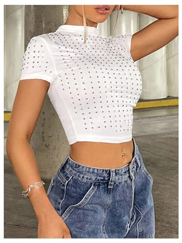 WDIRARA Women's Y2k Rhinestone Crop Tops Mock Neck Short Sleeve Slim Fit Tee Shirt4