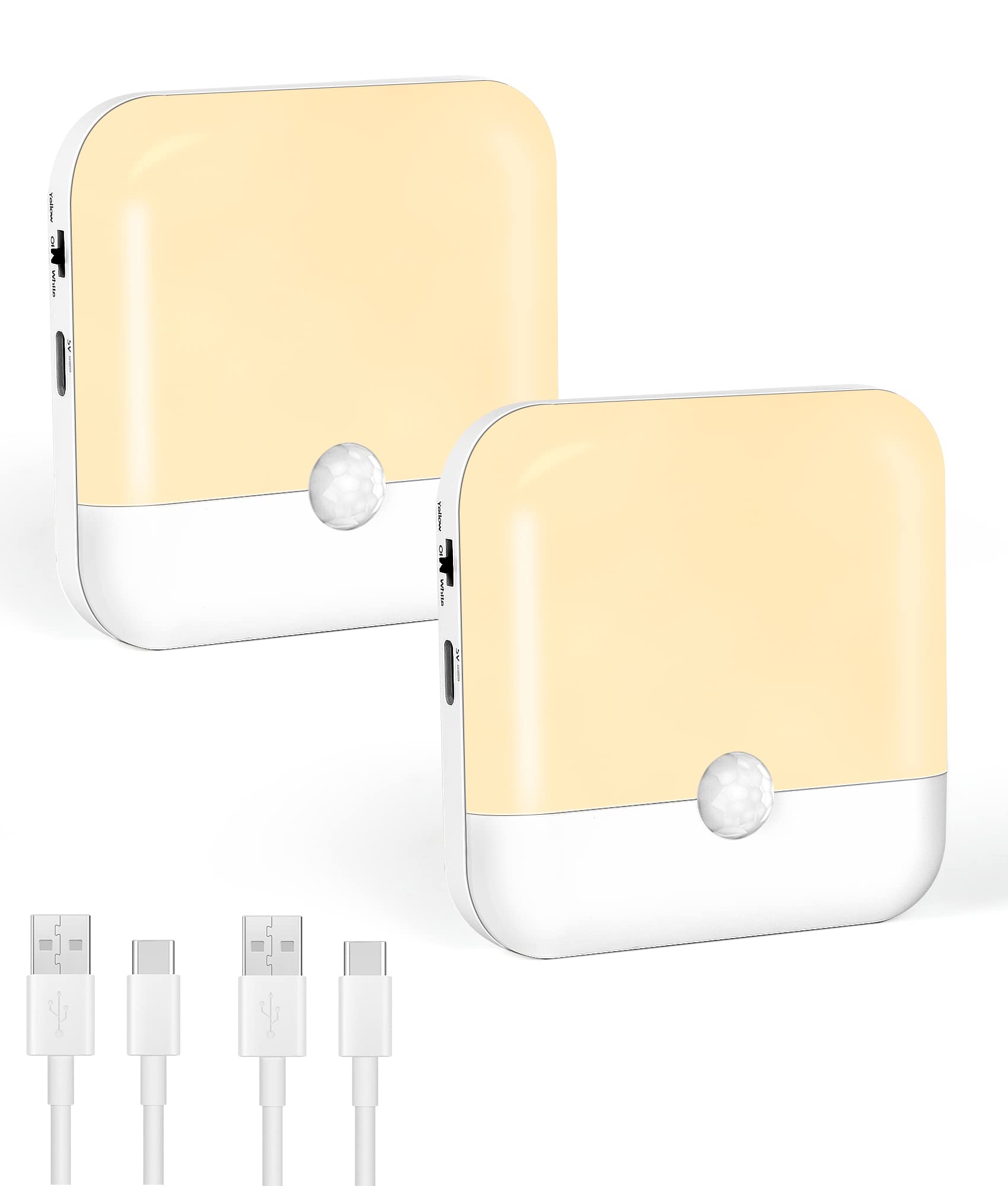 LED Motion Sensor Night Light 2 Pack, Ufanore USB Rechargeable Warm and White Lamp Indoor, Cordless Light for Bedroom, Bathroom, Hallway, Stairs