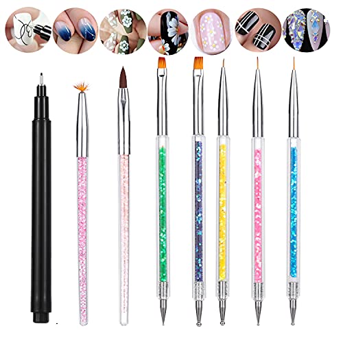 8 PCS Nail Art Brushes, Gel Polish Nail Art Design Brush Tools Set, Nail Extension Gel Brush, Double-Ended Nail Liner Dotting Brush, Nail Art Graffiti Pen for Professional Salon at Home DIY Manicure
