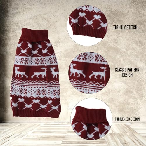 Image of Lulala Dog Christmas Sweater - Pet Winter Knitwear, Classic Warm Reindeer Snowflake Argyle Coat for Kitty Puppy (Maroon-8Inch)