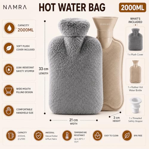 Image of NAMRA Hot Water Bag with Soft Cover for Pain Relief, 1 Pcs Heating Pad Rubber Hot Bag for Body Massage for Men & Women for Hot Water Bottle for Period, Cramps, Heating Pad - (2000,gray)