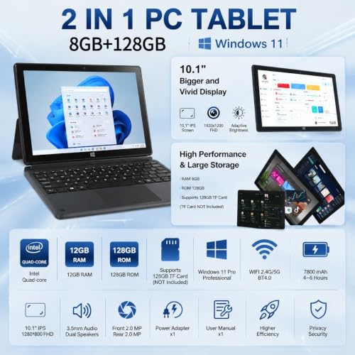 Tableta 2 en 1 Windows 10.1" con 8GB RAM y 128GB ROM, PC portátil con CPU Intel, pantalla táctil IPS FHD 1280x800, Mini HDMI, 5G WiFi, Bluetooth, USB 3.0, cámaras duales y teclado miniatura 3