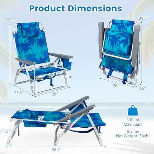 Image of Giantex Folding Beach Chair, Patio Sling Chairs with 5 Adjustable Position, Head Pillow, Storage Bag, Towel Bar, Cup Holders, Backpack Chairs for Sunbathing, Camping Chair
