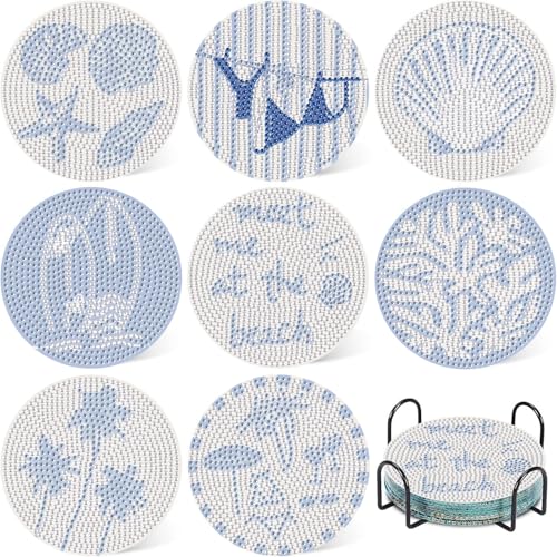 Beach Diamond Art Coasters Kit 8 Pcs Beach Diamond Painting Coasters with Holder 5D Gem Art Kit Easy Crafts Non Slip Coaster for Home Decor Gift