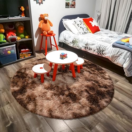 Round Fluffy Brown Tie-dye Rug - 3FT Super Soft Circular Shaggy Plush Carpet for Kids' Room