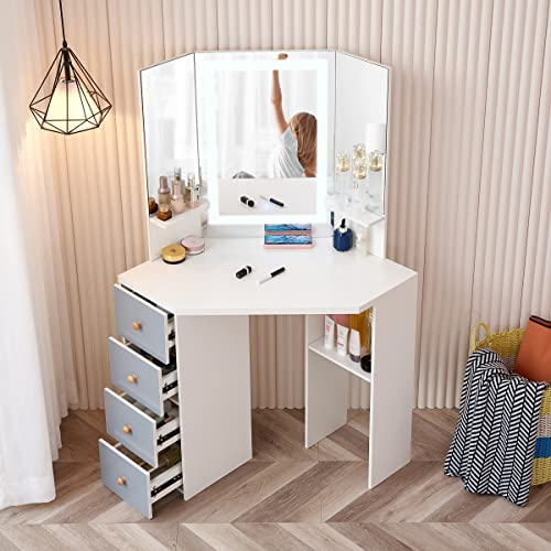Large Corner Vanity Desk With Lighted Led Touch Mirror,4 Drawers & 2 Shelves,Vanity Desk Vanity Table For Bedroom, White #TOP1