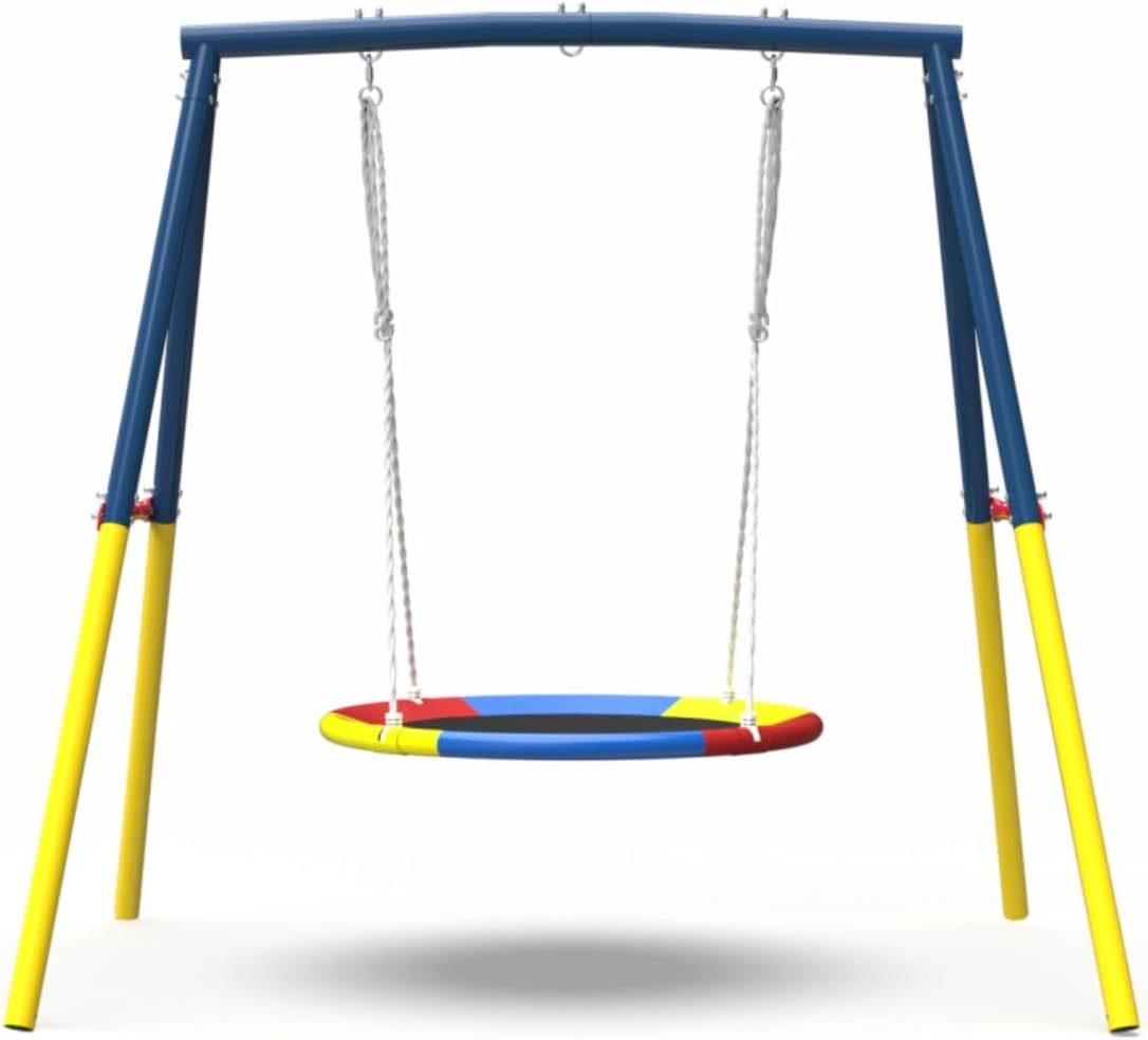 440lbs Flying Saucer Swing Set with 40" Saucer Tree Swing and Heavy Duty A-Frame Stand, Full Steel Outdoor Metal Swing Set for Kids, Backyard, Playground (Blue)