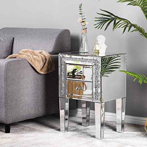 Image of VINGLI Mirror Nightstand with Drawer, Silver Mirrored Glass End Table, Crushed Diamond Glitter for Small Spaces /Bedroom /Living Room