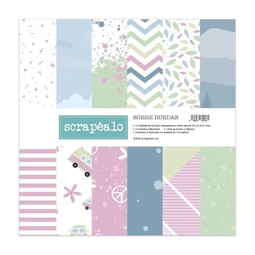 «Sobre ruedas» stack de 12 papeles para scrapbooking | Papel offset de 250gr/m² impreso a doble cara | 30,5 x 30,5 cm. (12"x12") Cover