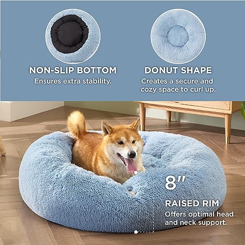Image of Bedsure Calming Dog Bed for Medium Dogs - Donut Washable Medium Pet Bed, Anti-Slip Round Fluffy Plush Faux Fur Cat Bed, Fits up to 45 lbs Pets, Light Blue, 30 inches