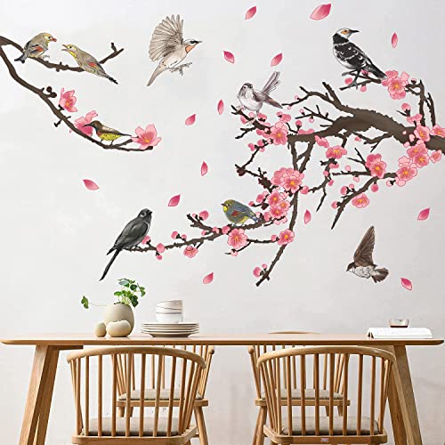 Tanlaby Stickers Muraux Branche de Fleur Autocollants Muraux Fleurs roses Sticker Mural Oiseaux sur Branche Arbre pour Fille Femme Salons Chambres Bureaux Canapé Fond Décoration Murale De La Maison