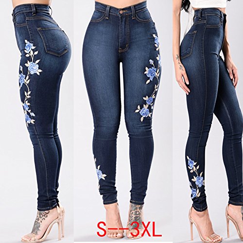 CHICFOR Womens High Waist Slim Fit Flower Embroidery Skinny Pencil Denim Jeans with Pocket (XL, Dark Blue)2