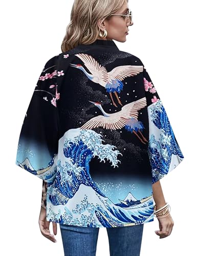 Image of LAI MENG FIVE CATS Women's Floral Print Loose Blouse Japanese Kimono Tops | Puff Sleeve,Cover up Top,Casual Cute Tops,Summer Cardigans 2026