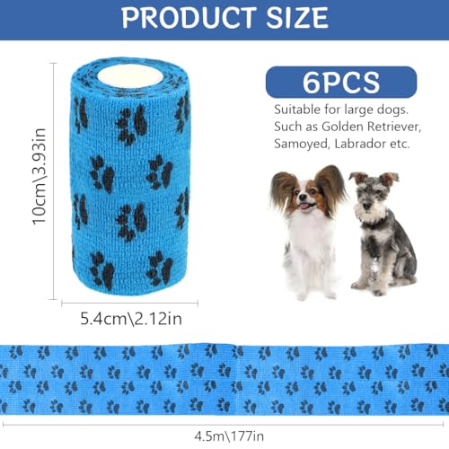 Image of Qpets 6Pcs Dog Bandages for Walk, Self-Adhesive Pet Bandage with Paw Print | For Paw Protection, Waterproof Non-Woven Cat Dog Injury Recovery Wrap Lick-Proof & Breathable