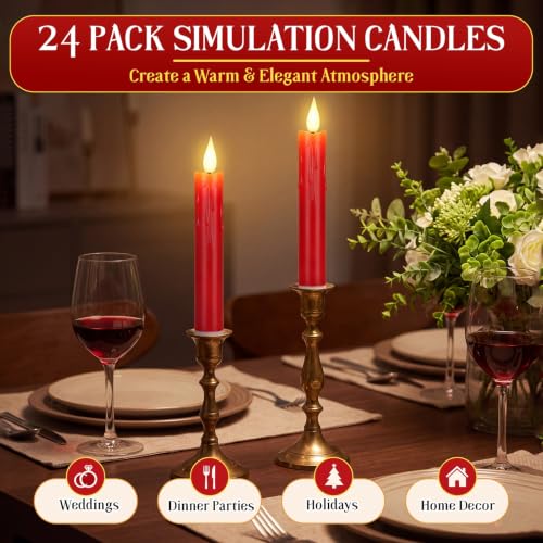 Image of Baquler 24 Pcs 6.5 inch Red Flameless Taper Candles LED Stick Battery Operated